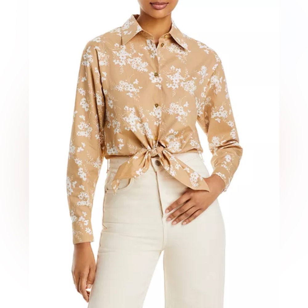 Michael Kors Floral Print Button Front Cropped Tie Shirt Size S Small Tan White